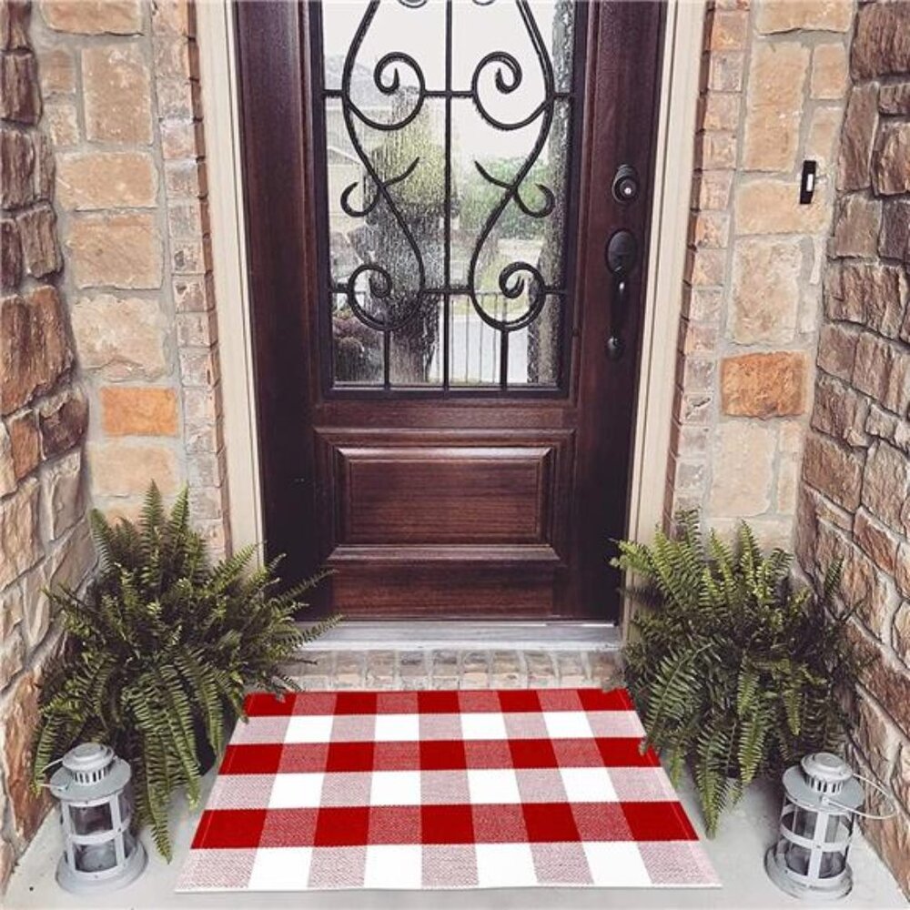 Buffalo Check Plaid Doormat Red and White 2'x3'Hand Woven Cotton Plaid Rugs